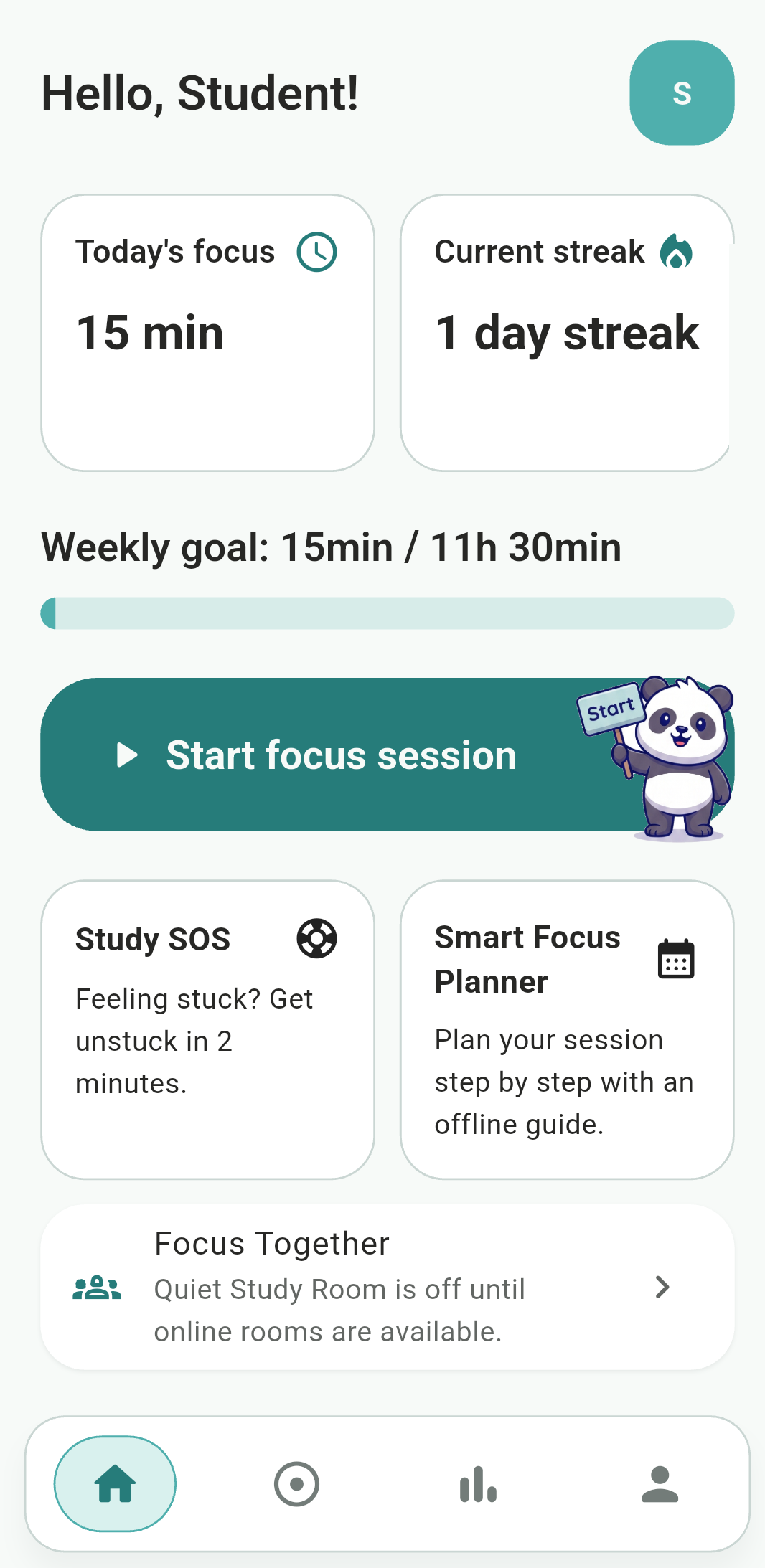 Home dashboard with streak and focus stats