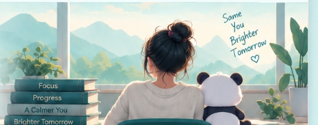 Student studying with plush panda at desk overlooking mountains